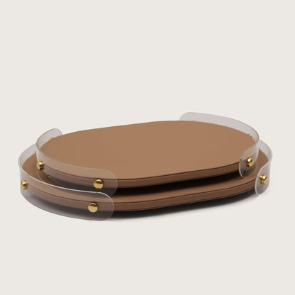 Luxe Leather Oval Accent Tray With Brown Accent - Large