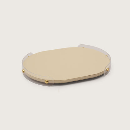 Luxe Leather Oval Accent Tray With Beige Accent - Large