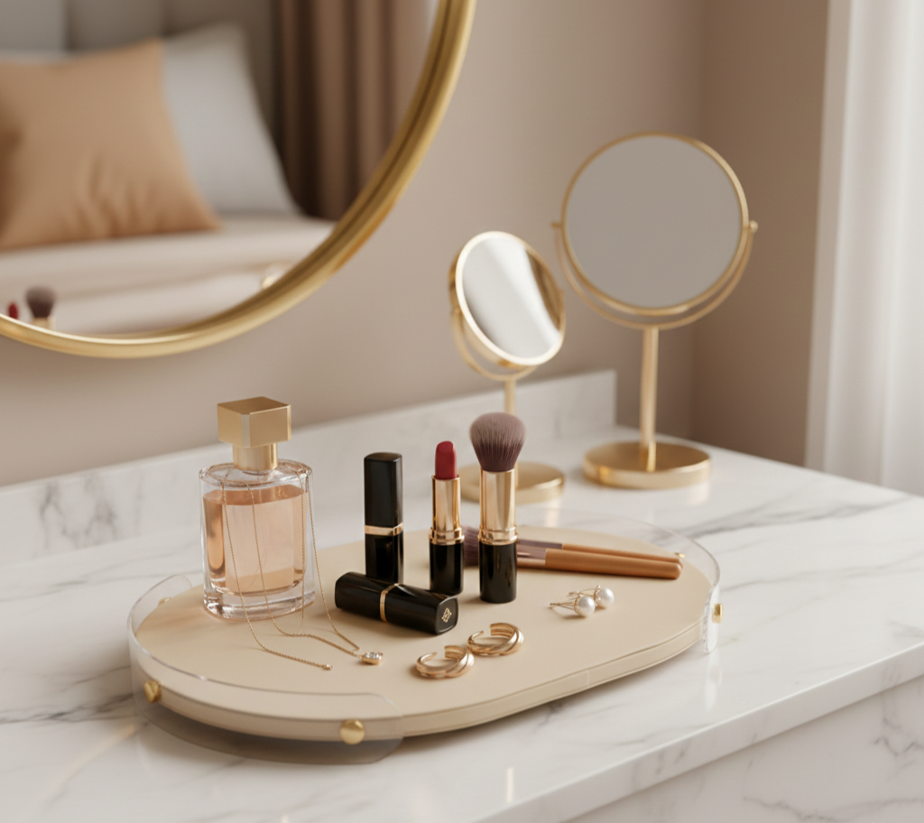 Luxe Leather Oval Accent Tray With Beige Accent - Medium