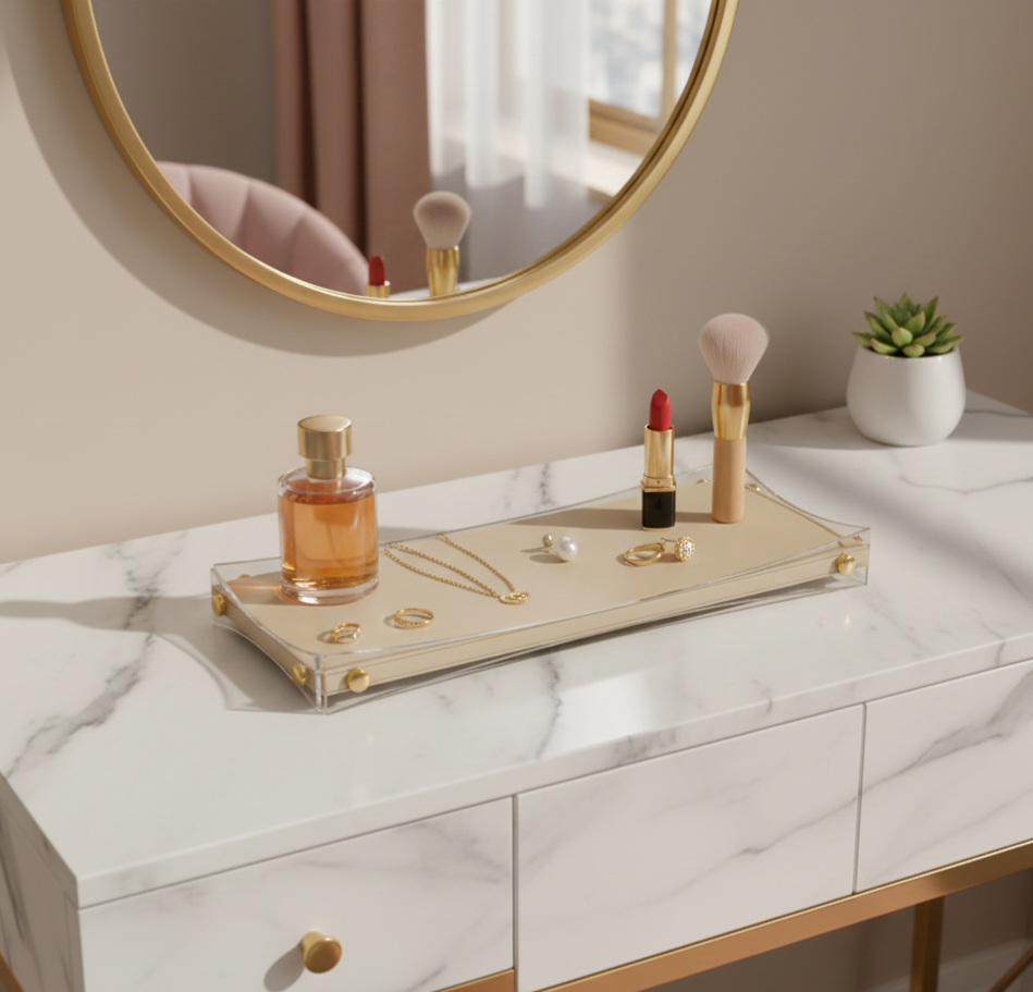 Curved Rectangular Desk Organizer Tray: Beige - Medium
