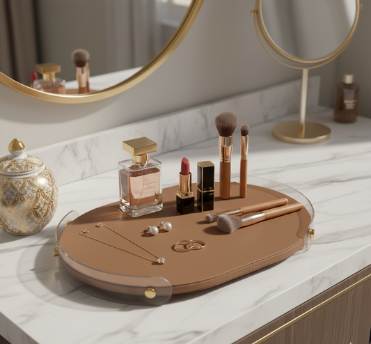 Luxe Leather Oval Accent Tray With Brown Accent - Large