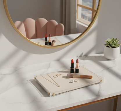 Premium White & Gold Serving Leather Tray - Medium