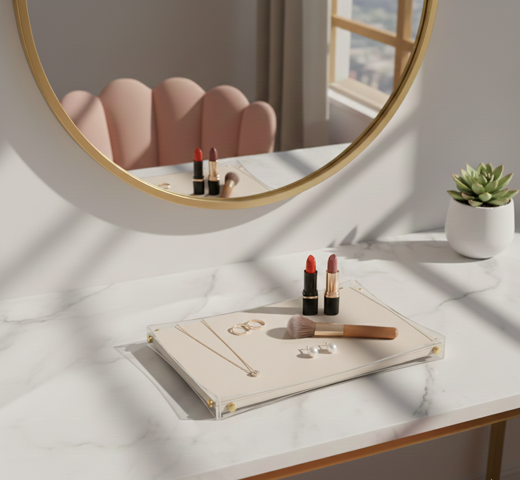 Premium White & Gold Serving Leather Tray - Large