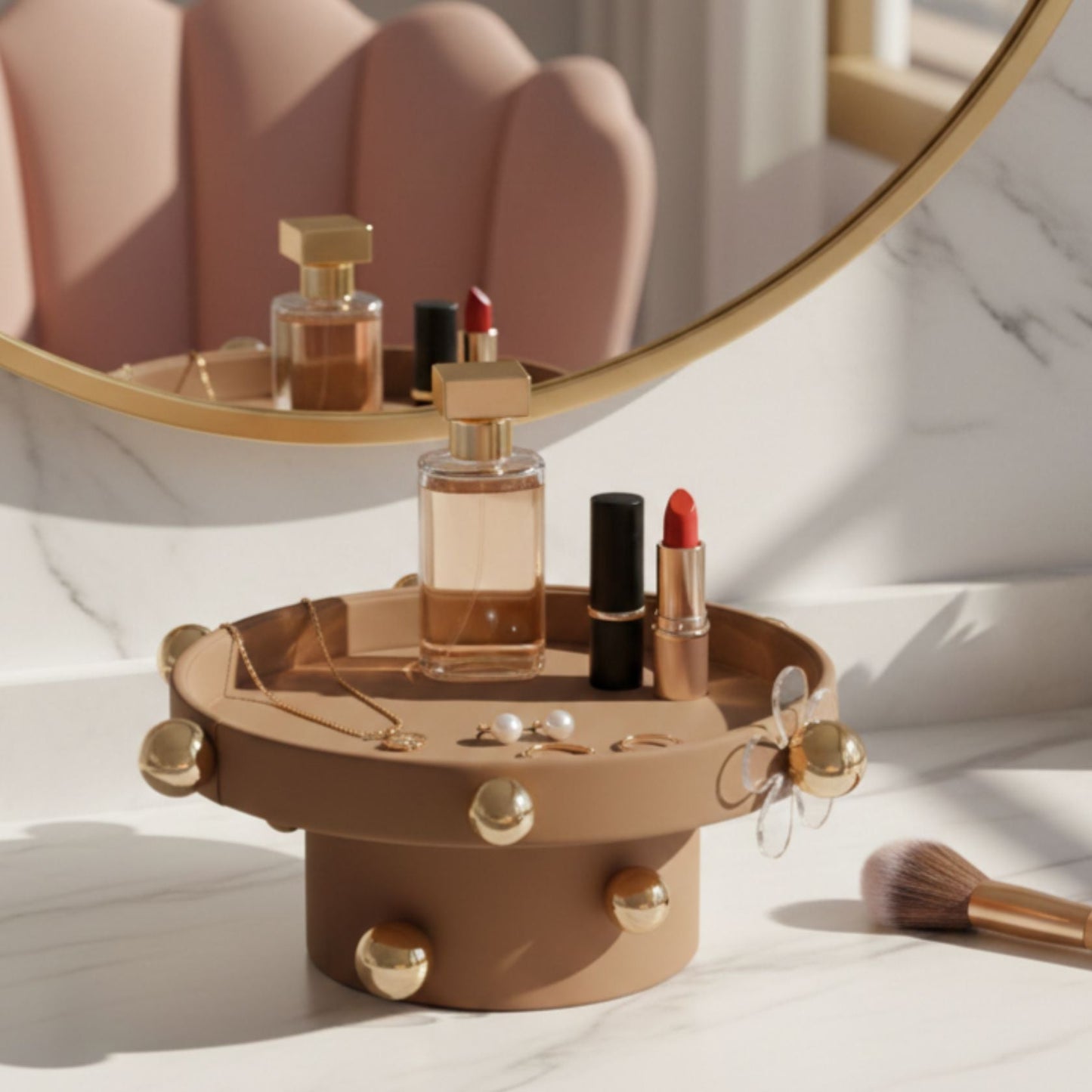 Luxe Sphere-Embellished Round Display with Acrylic Flower Accent -White