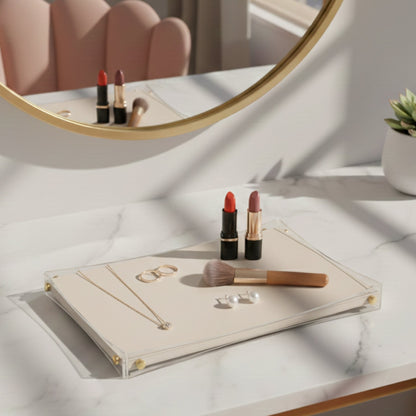 Premium White & Gold Serving Leather Tray - Medium